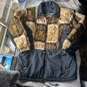 East West VTG Womens Coat Versace Style Black Gold Puffy